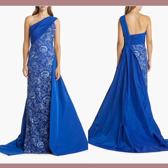 NWT $608 Tadashi Shoji [ 14 ] Embroidered Lace One‎ Shoulder Taffeta Gown Blue - Picture 15 of 15